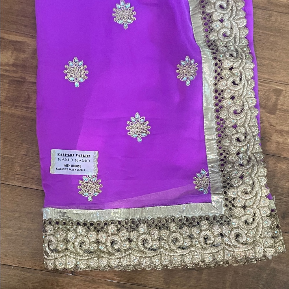 Pinkish Purple Saree with Gold Lace and Sequins Embellishments